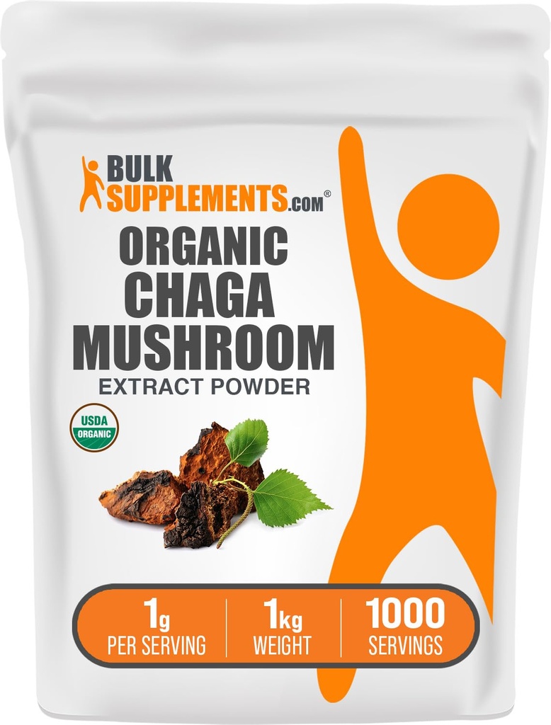 BulkSupplements.com Poudre d'extrait de champignons Chaga - Poudre de champignons Chaga - Sans gluten, 1g par portion, 1kg (2,2 lb) (paquet de 1)