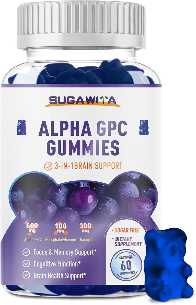 Alpha GPC Choline Gummies 600mg avec Phosphatidylsérine & Bacopa – 3-en-1 Soutien du cerveau pour la mémoire, le focus et la santé cognitive à long terme – sans sucre, formule naturelle, 60 comte