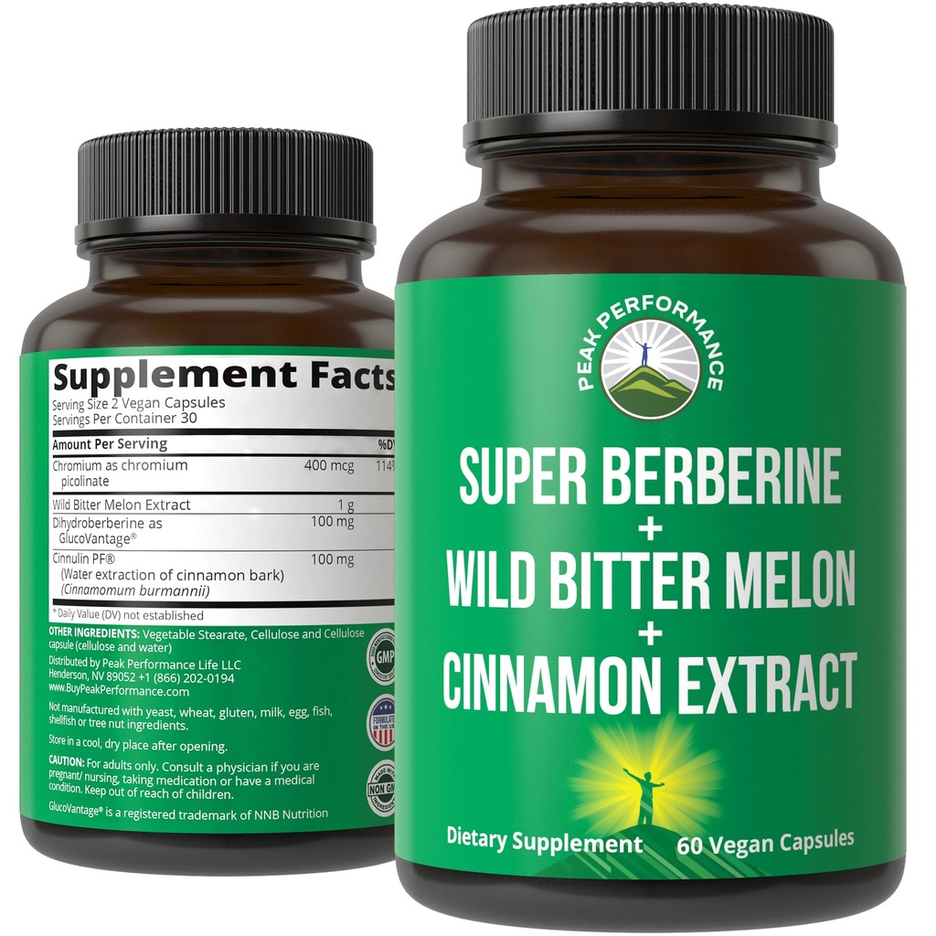 Ultra High Strength 4-In-1 Super Berberine breveté GlucoVantage + Wild Bitter Melon + Extrait de cannelle + Capsules Vegan Picolinate de chrome. Grand supplément pour soutenir les épis et l'énergie après-relais