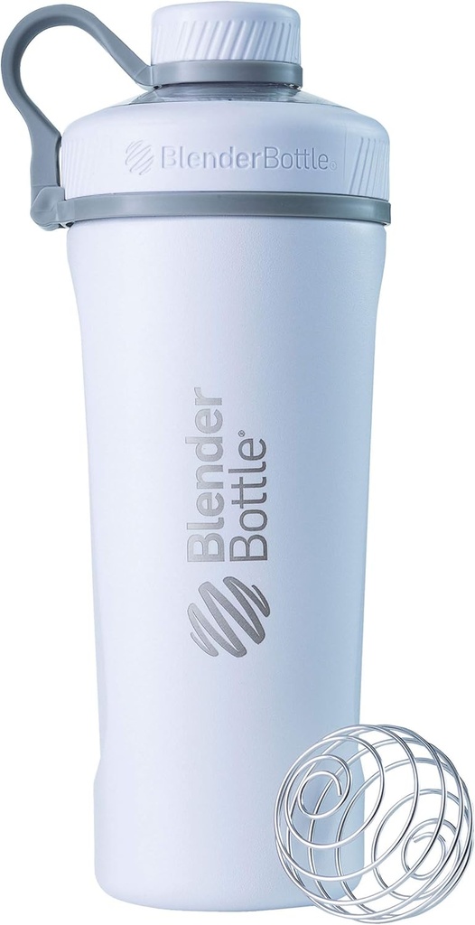 BlenderBottle Radian Shaker Cup Bouteille d'eau en acier inoxydable isolée avec fouet de fil, 26-Ounce, blanc mat