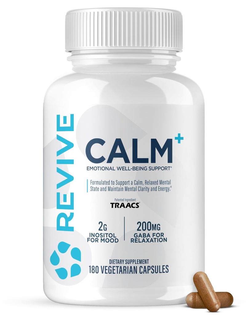 Revive MD Calm, Emotional Well-Being Support Supplement - Gestion du stress pour les hommes et les femmes - Mood Enhancement Supplément encourage la relaxation avec L-Theanine, GABA & 5-HTP (180 capsules, 30 portions)