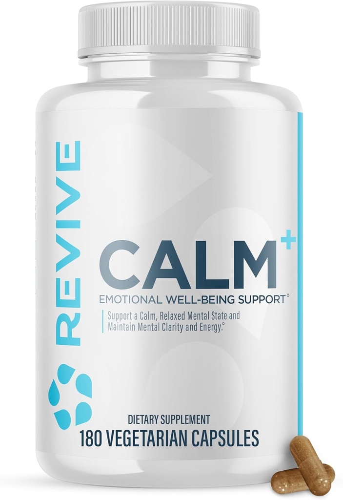 Revive MD Calm, Emotional Well-Being Support Supplement - Gestion du stress pour les hommes et les femmes - Mood Enhancement Supplément encourage la relaxation avec L-Theanine, GABA & 5-HTP (180 capsules, 30 portions)