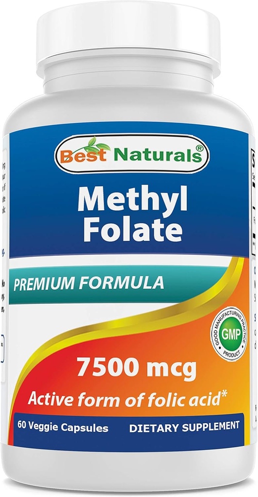 Best Naturals Methyl Folate 7500 mcg (7,5mg) (la plupart bio-disponible) Gélule de Veggie - soutient la formation cellulaire fonction de croissance, cerveau, mémoire, santé cardiovasculaire, 60 comte
