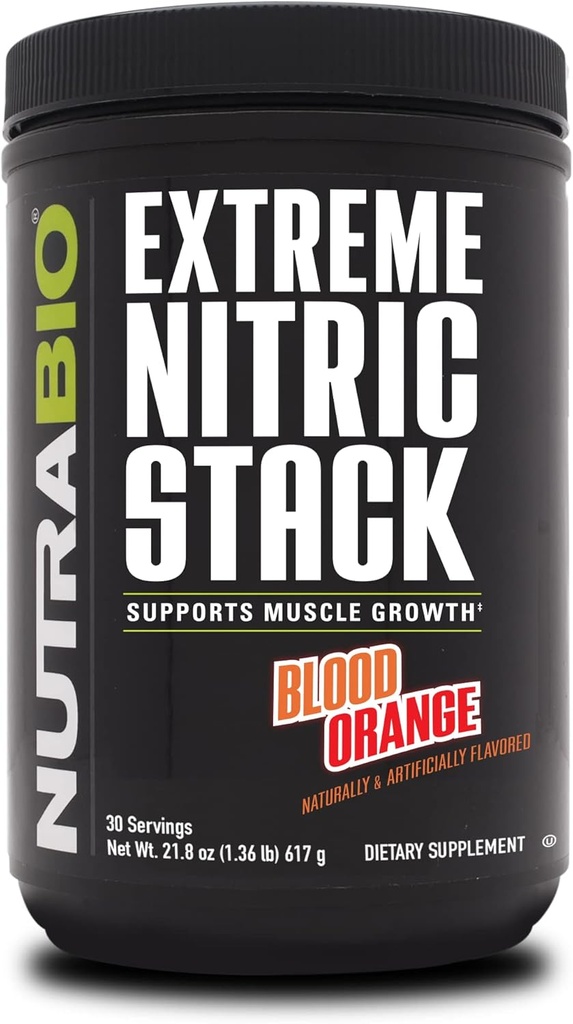 NutraBio Extreme Nitric Stack, Nitric Oxide and Cell Volumizing Formula- 30 Servings (Blood Orange)