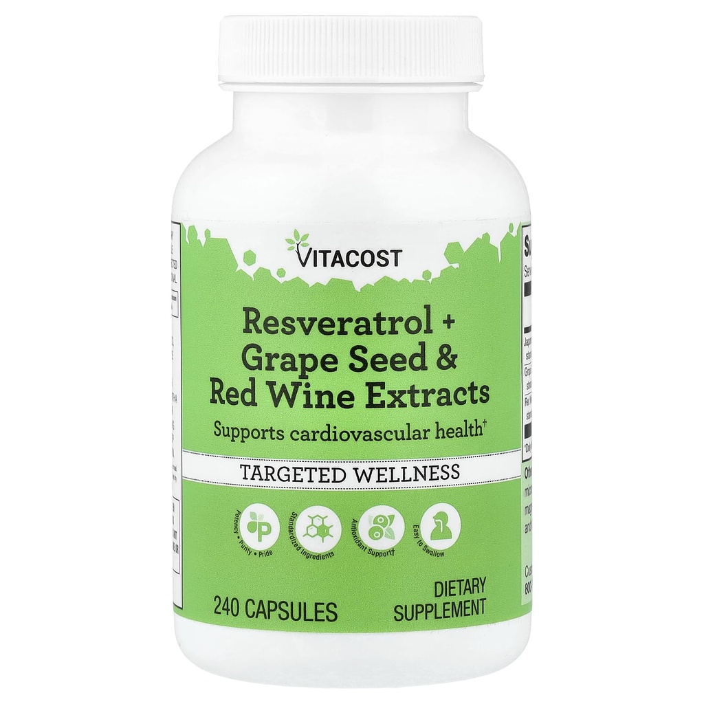 Vitacost Resveratrol + Graines de raisin et extraits de vin rouge -- 240 capsules