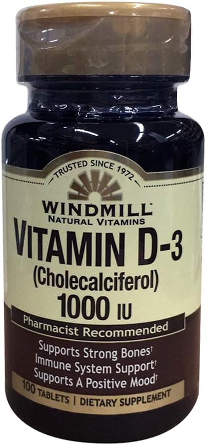 Moulin à vent Vitamines naturelles Vitamine D-3 Cholecalciferol 1000UI Compléments alimentaires 100 comprimés (paquet de 2)