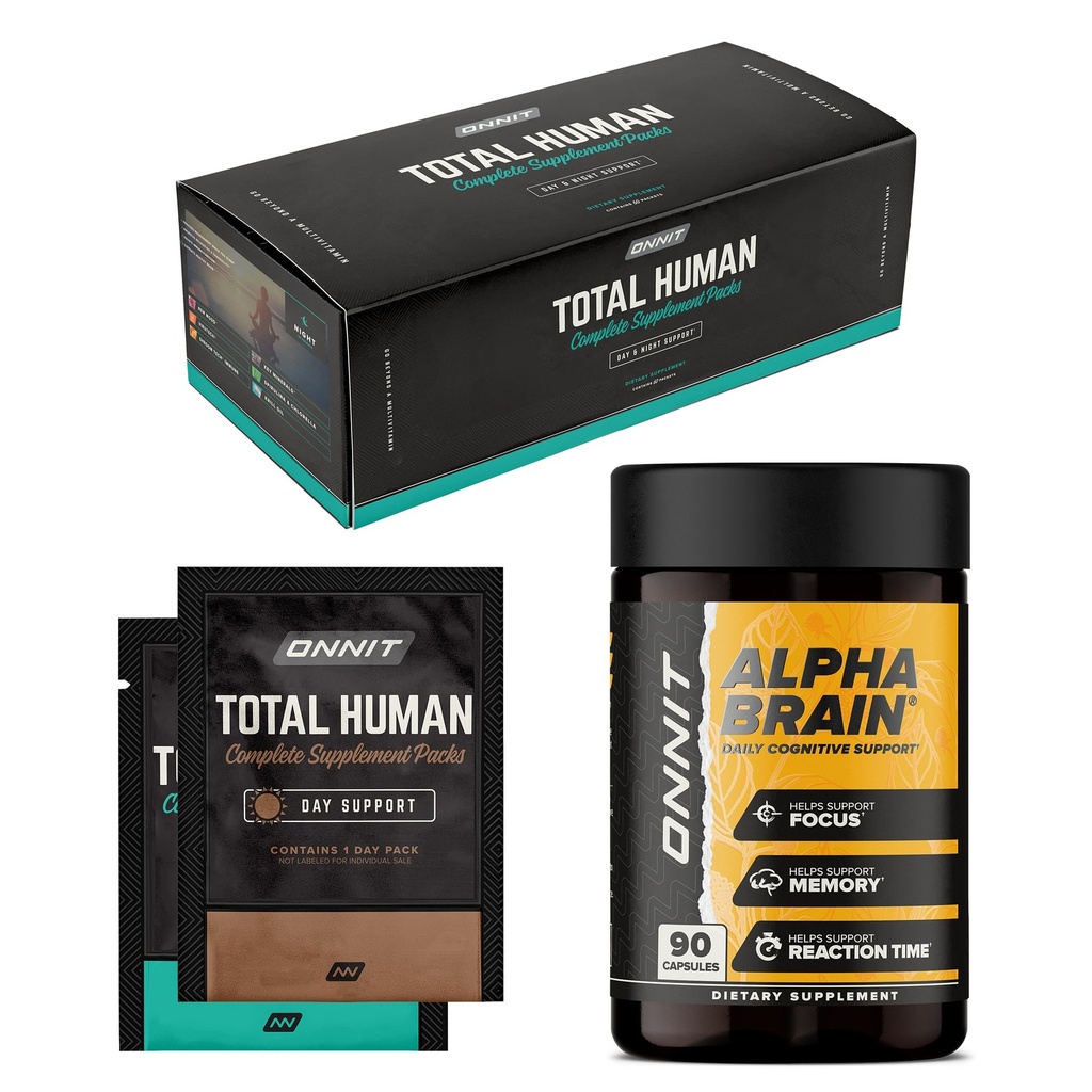 ONNIT Daily Performance & Wellness Bundle: Alpha Brain Nootropic Capsules (90 Count) + Total Human Day & Night Packs (30-Day Supply), IGEN Non-GMO Tested Focus, Energy & Clarity, Pack of 2