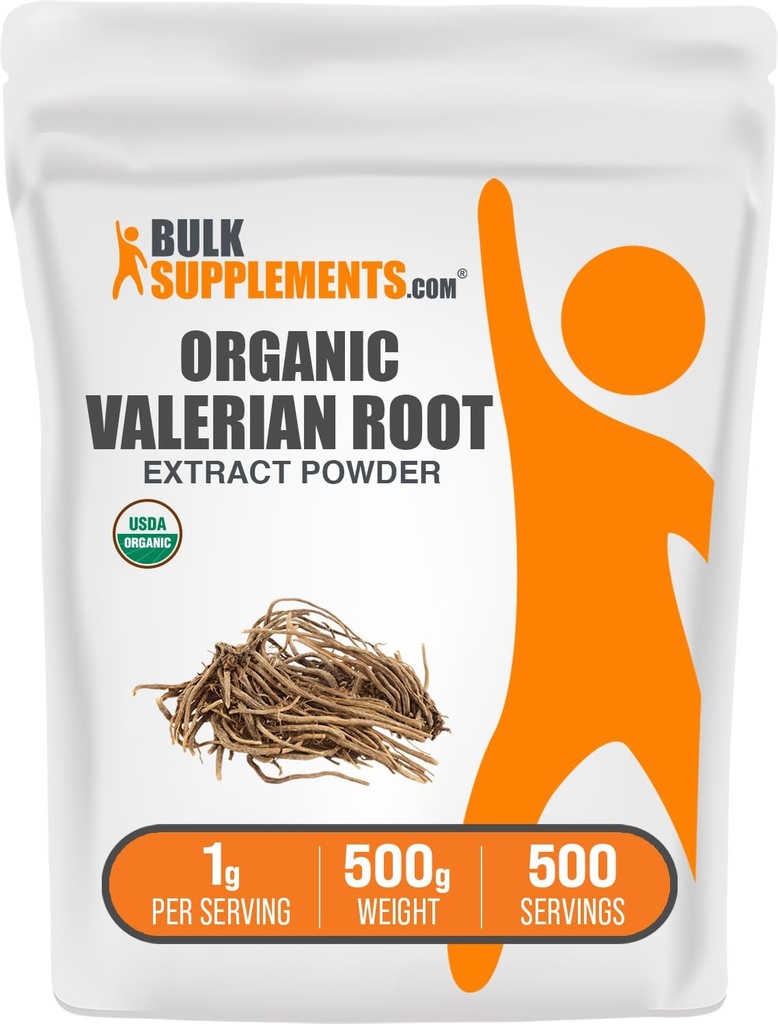 BulkSupplements.com Poudre d'extrait de valériane biologique - provenant de la racine de valériane, supplément à base de plantes - sans gluten, 1g par portion, 500g (1,1 lb) (paquet de 1)