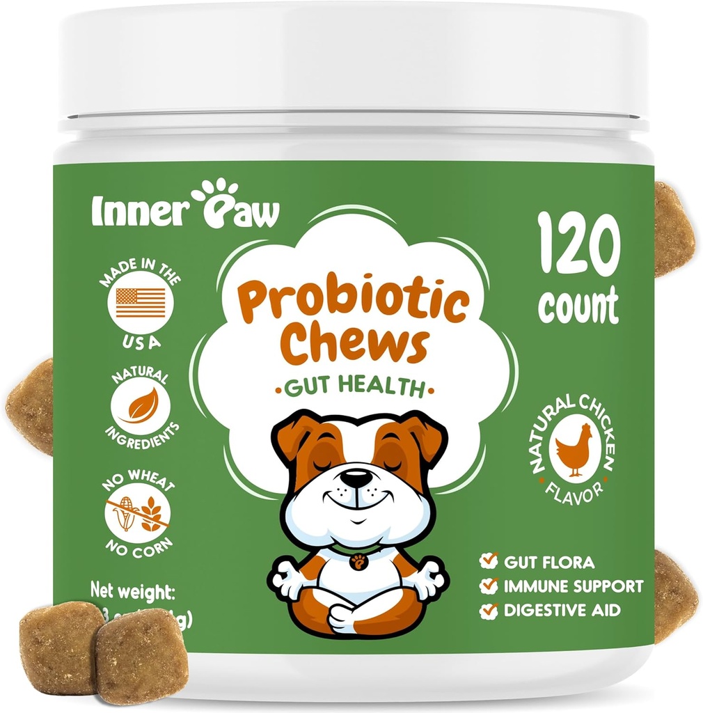 Probiotiques de la patte interne pour chiens, enzymes digestives et prébiotiques pour la santé des intestins, probiotiques de chien pour la diarrhée, soutien Bowel et immunitaire, goût de poulet, 120 chews doux