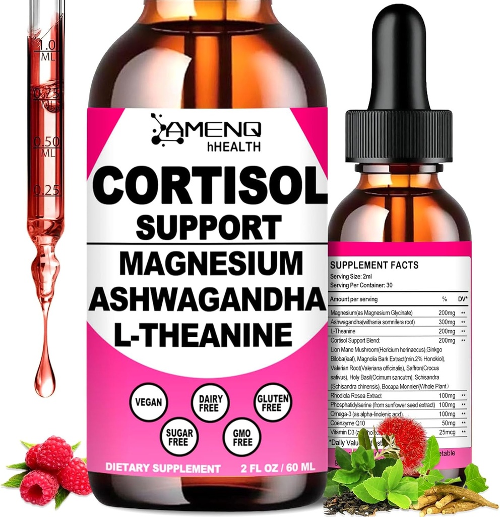 Supplément de cortisol gouttes liquides, 17-en-1 Réducteur de cortisol w. Ksm-66 Ashwagandha Theanine Rhodiola Rosea Magnésium Phosphatidylsérine, Hormone équilibré et Cortisol inférieur pour les femmes Calme* Relaxation