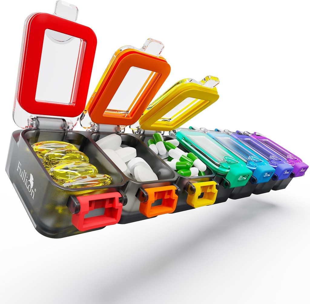 Fullicon Weekly Pill Organizer 7 Day Ultra Hydraure and Spill Proof Daily Pill Box, grand cas de médecine avec boucle sécurisée, conteneur de pilule de voyage compact pour pilule, vitamine et huile de poisson (Rainbow Black)