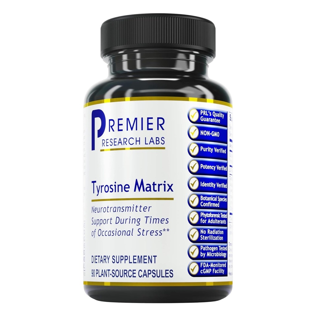 Premier Research Labs Tyrosine Matrix - L Tyrosine Supplément, L-tyrosine 944mg Capsules pour Adultes, Pinces Acide Amino avec Algae Rouge et Rhodiola Rosea - 90 Capsules Végétariennes