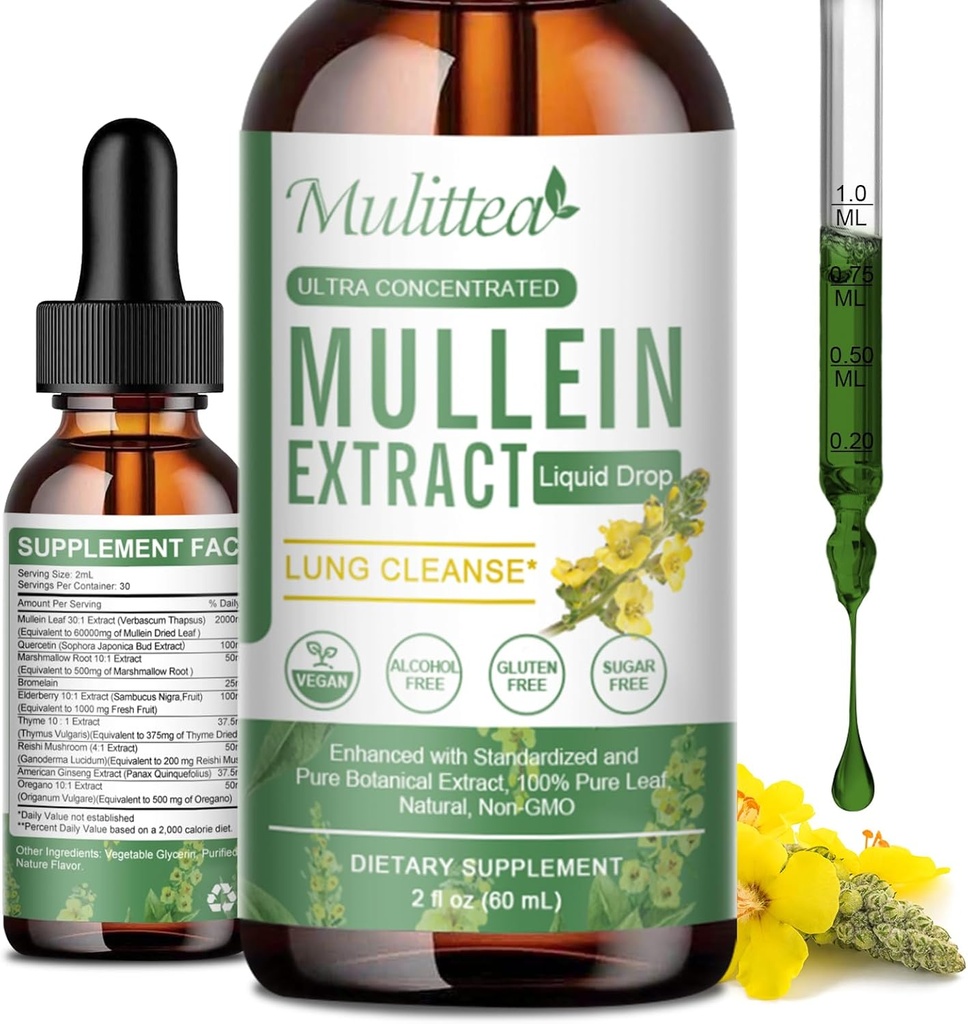 Gouttes de Mullein pour les poumons et le drainage lymphatique - Lung Cleanse & Detox- Vegan Mullein Leaf Extract Support Immune, Respiratoire Digestive -9 Potent supplément à base de plantes pour renouveler - comme liquide