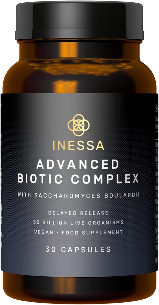 Inessa Advanced Biotic Complex - 50 milliards CFU Probiotiques pour les femmes Digestive, Gut santé avec libération retardée - 7 souche laitière soja supplément sans gluten probiotique - 30 capsules véganes pour les hommes et les femmes