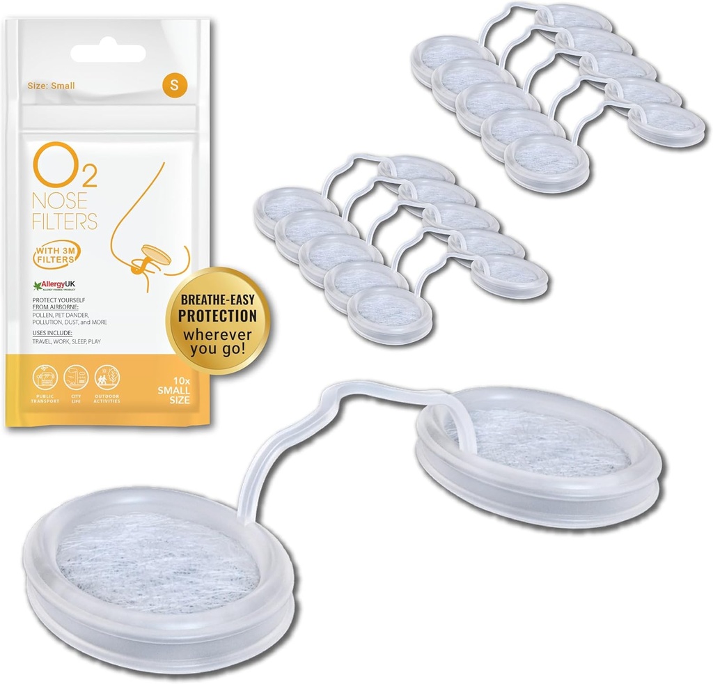 Filtres à Nez O2 avec Filtration 3M - Filtres à Nez pour Allergies - Filtre à Nasal pour Allergies - Masque à Poussière, Filtre à Fumée et Allergie (Taille Petit, Paquet de 10)