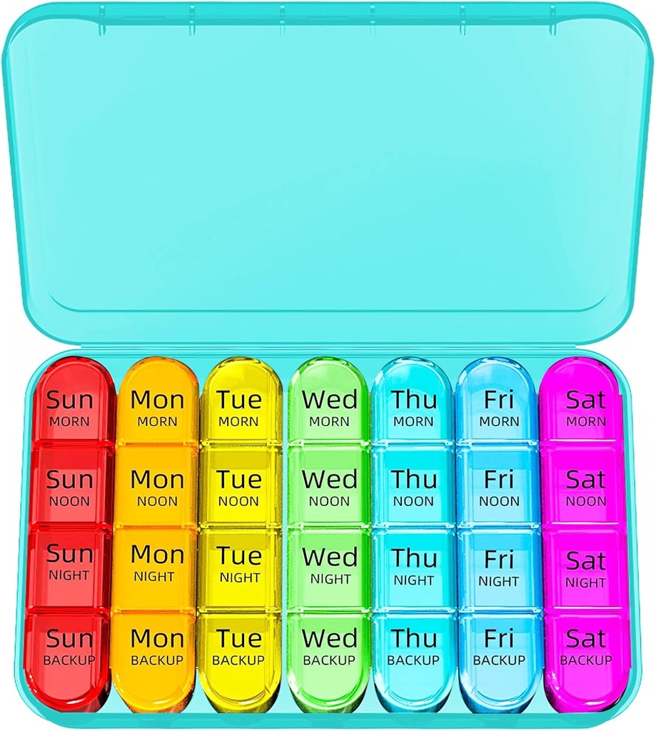 Odaro Weekly Pill Organizer 4 fois par jour, boîte à pilules quotidienne 7 jours, grand cas de pilule de voyage avec 28 compartiments pour tenir la médecine, la vitamine et le supplément - cas cyan