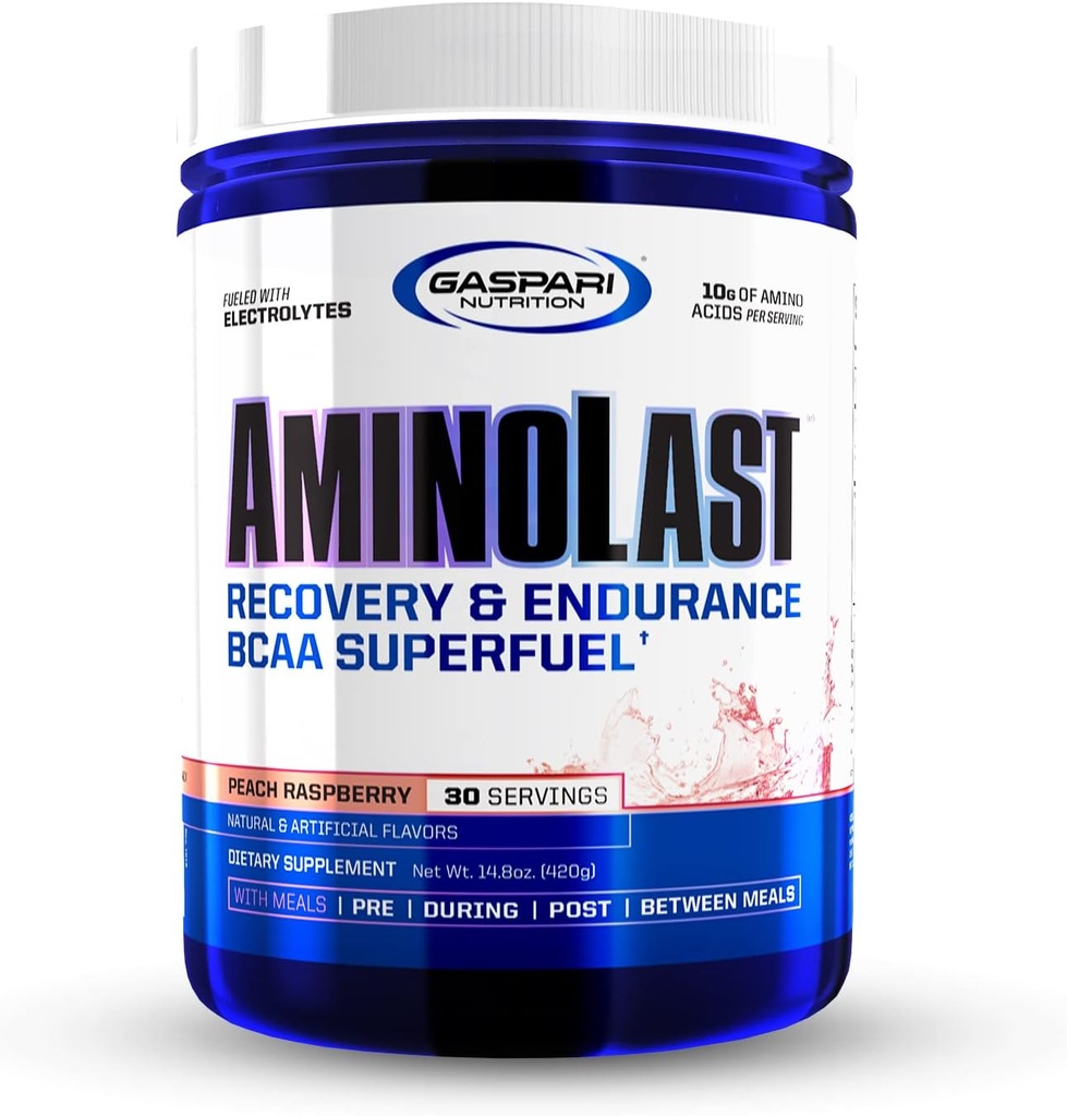 Gaspari Nutrition : AminoLast, Récupération musculaire et Endurance BCAA Carburant, améliore la récupération et réapprovisionne les électrolytes, 30 portions (Peach Raspberry)