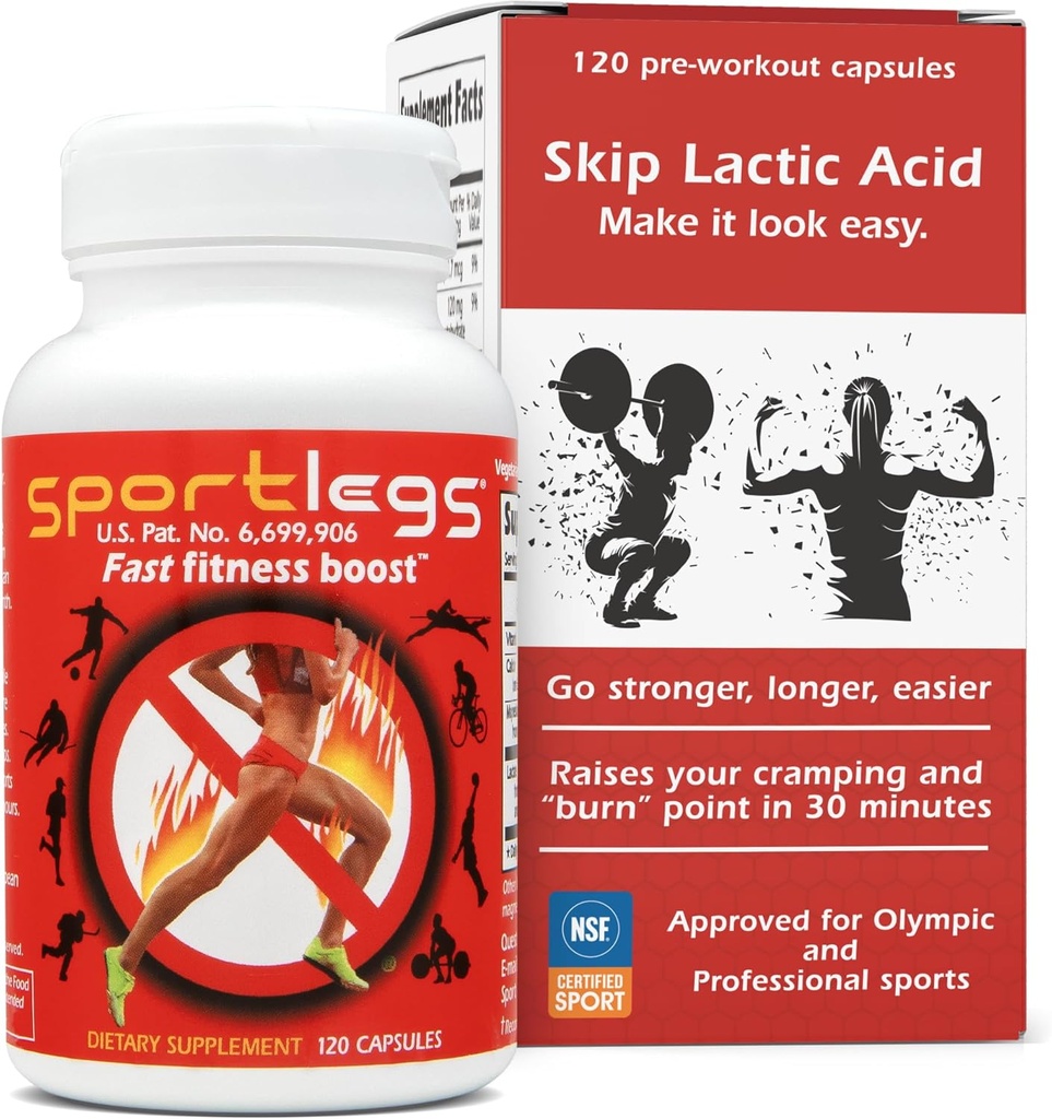 SPORTLEGS Fast Fitness Boost Pre Workout for Men and Women, Lactic Acid Supplement, Sports Endurance Fuel, Endurance Supplements for Runners - NSF Certified for Sport,120-Capsule Bottle, Pack of 1