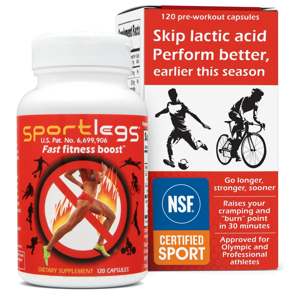SPORTLEGS Fast Fitness Boost Pre Workout pour les hommes et les femmes, supplément acide lactique, carburant d'endurance sportive, suppléments d'endurance pour les coureurs - NSF certifié pour le sport, bouteille 120-capsule, pack de 1