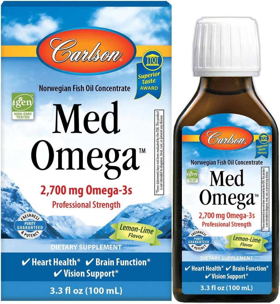 Carlson - Omega Med, 2700 mg Omega-3s Soutien professionnel, Cœur, Cerveau et Vision, Prise en charge sauvage et source durable, Citron-Lime, 100 ml