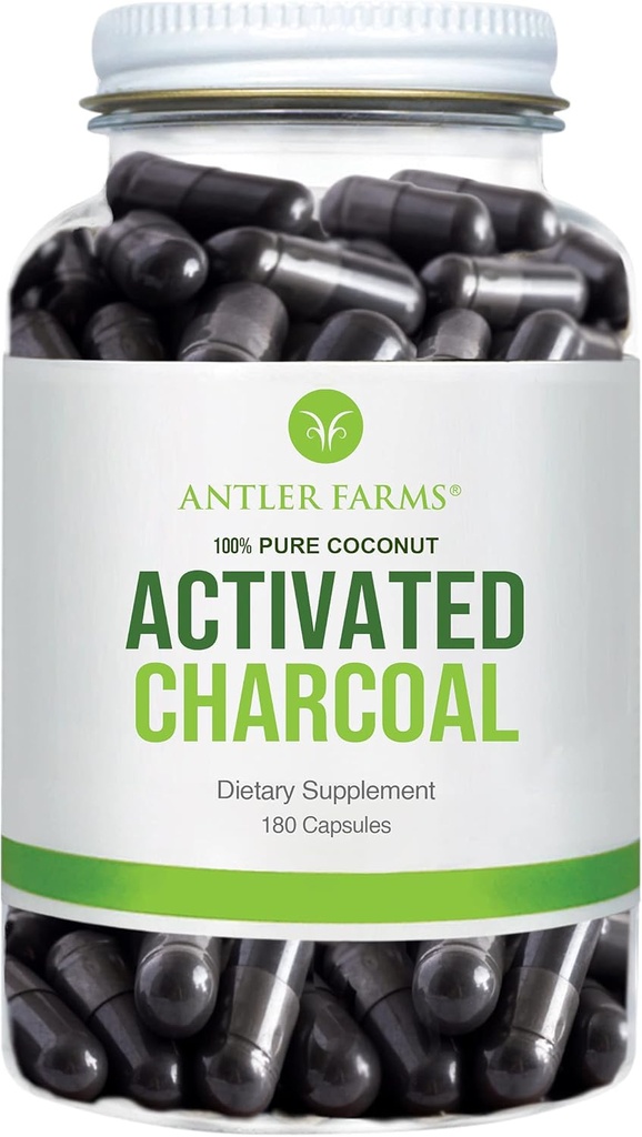 Fermes Antler - Charbon Activé 100% de noix de coco pur, 180 Capsules 260mg - Wild Harvested, coquille de noix de coco vierge, grade alimentaire USP, Steam Actived, Ultra Fine