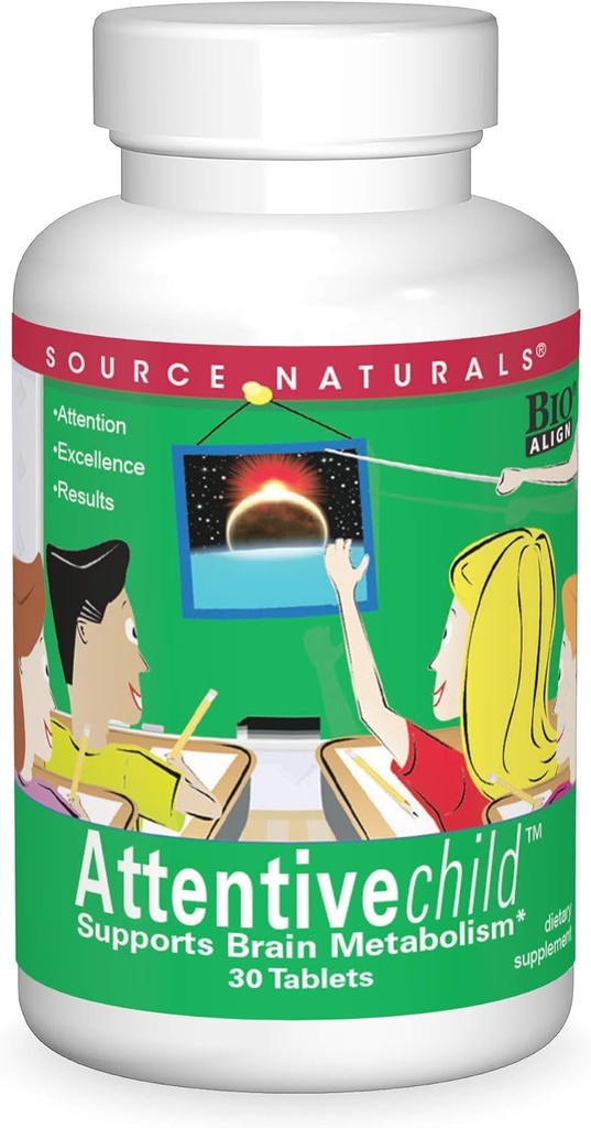 Source Naturals Attentive Child - Nutriments cognitifs sains pour les enfants actifs - Amélioration de la concentration et de l'attention avec DMAE, Magnésium, Zinc et Extrait de graines de raisin - 30 comprimés