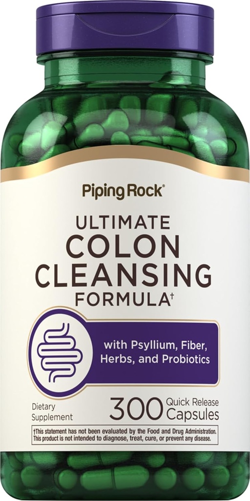 Piping Rock Colon Nettoyez les pilules de 300 Capsules de Détox Super formule pour les hommes et les femmes avec Psyllium, Fibre et Probiotiques.