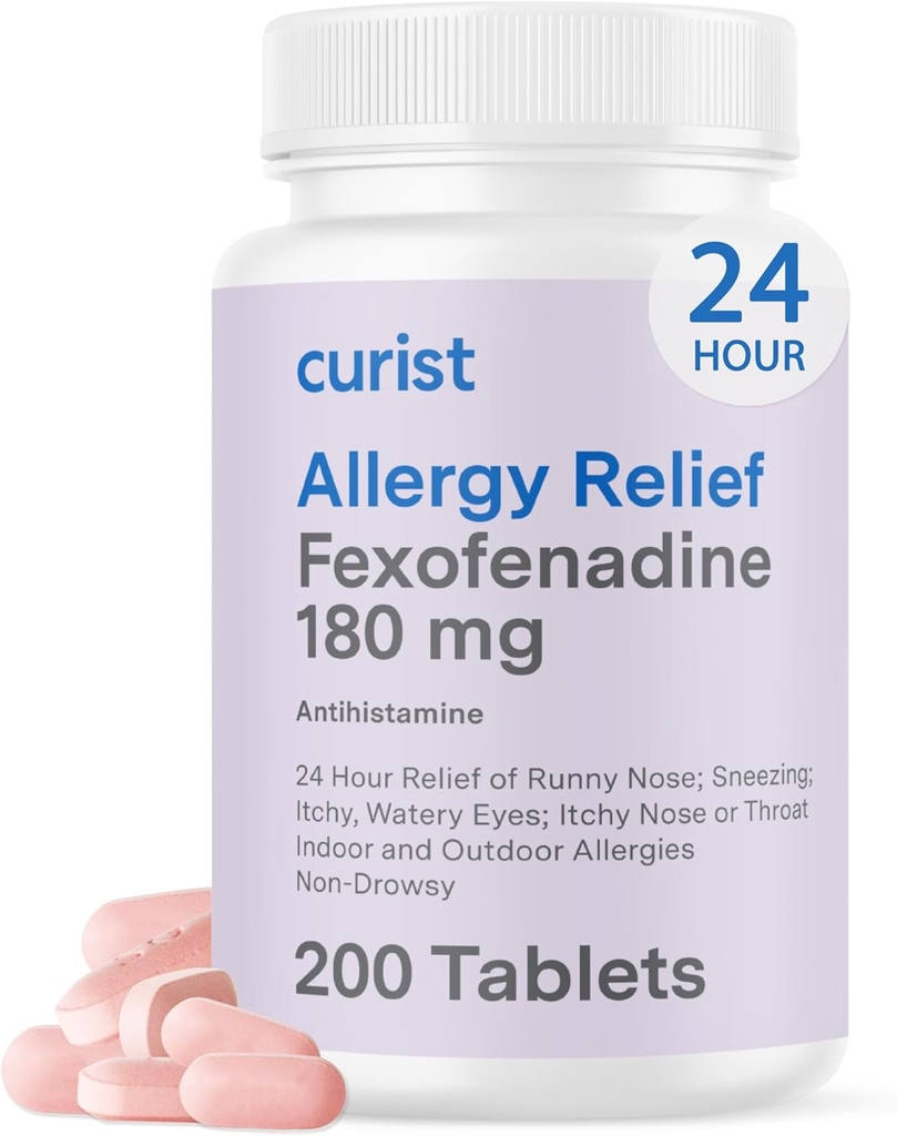 Chlorhydrate de Fexofenadine Curiste 180mg (200 comprimés) Médicaments antiallergiques non somnolents - 24 heures sur 24 pour soulager l'allergie pour le nez runny, les yeux démangeaisons et la gorge - comprimés antiallergiques (200 comte)