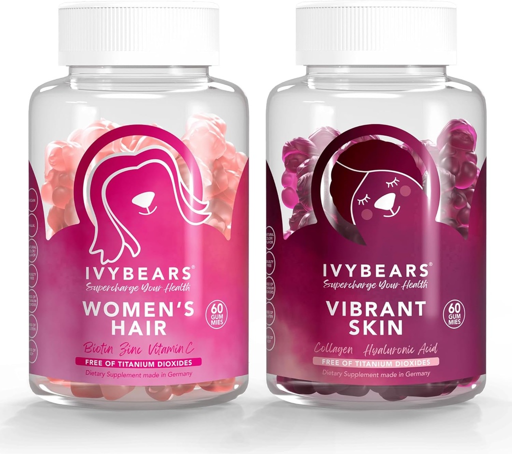 IvyBears® Femmes Ensemble de cheveux et de peau – Gommies de croissance des cheveux avec biotine et collagène + Gommies de peau vibrantes avec acide hyaluronique et VERISOL – Vegan Beauty Support – 2-Pack