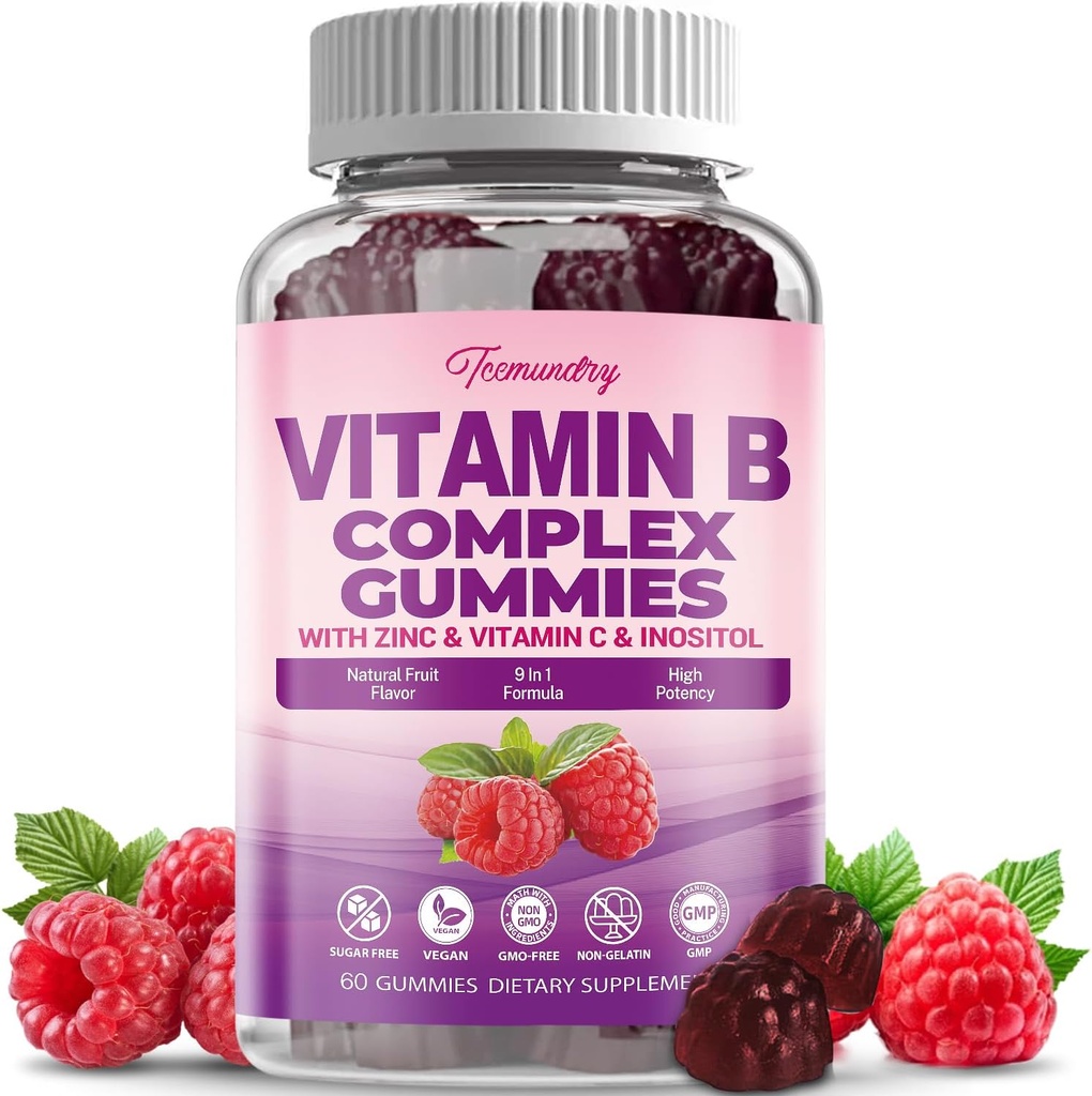 Sugar-Free Vitamin B Complex Gummies for Women - Vegan b Vitamins Complex with Methyl B12, Methyl Folate - Plus Vitamin C, Zinc, Inositol - Supports Energy, Immune, Healthy Hair, Skin (60 Count)