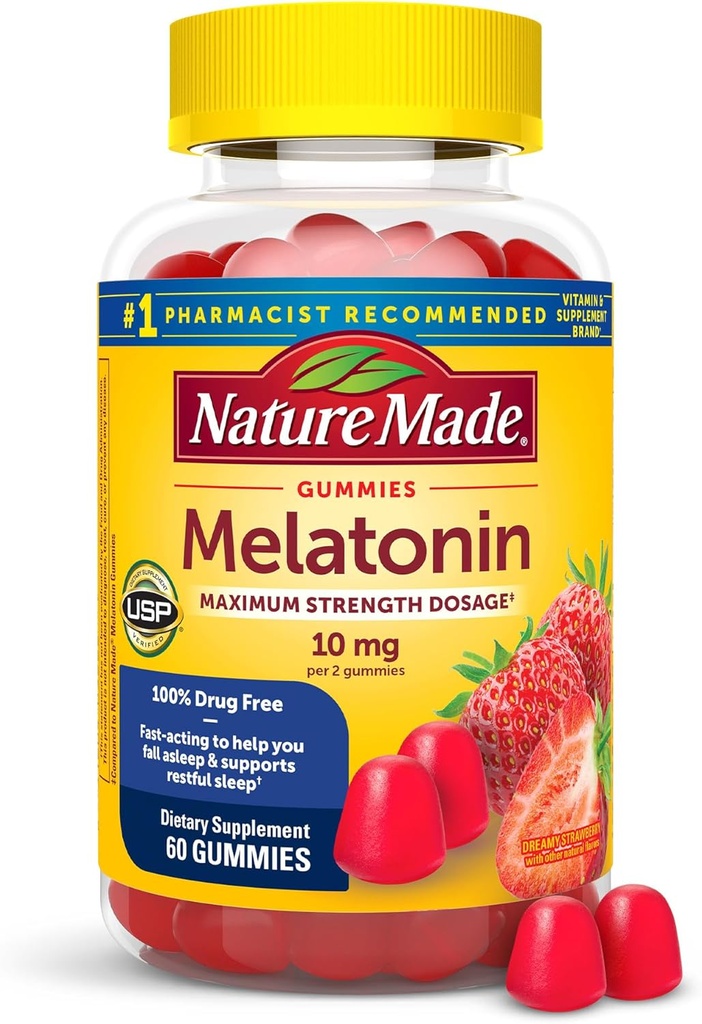 Nature Mélatonine 10mg par portion Gommies, dosage maximal, 100% sans médicament aide au sommeil pour les adultes, 60 Gommies de mélatonine, 30 jours d'approvisionnement