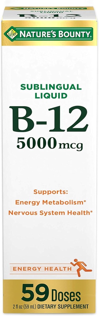 NatureS Bounty Vitamine B12 5000 mcg Sublingual Liquide, Santé cardiovasculaire et Soutien énergétique cellulaire, 2 Fl Oz (1 Compte)