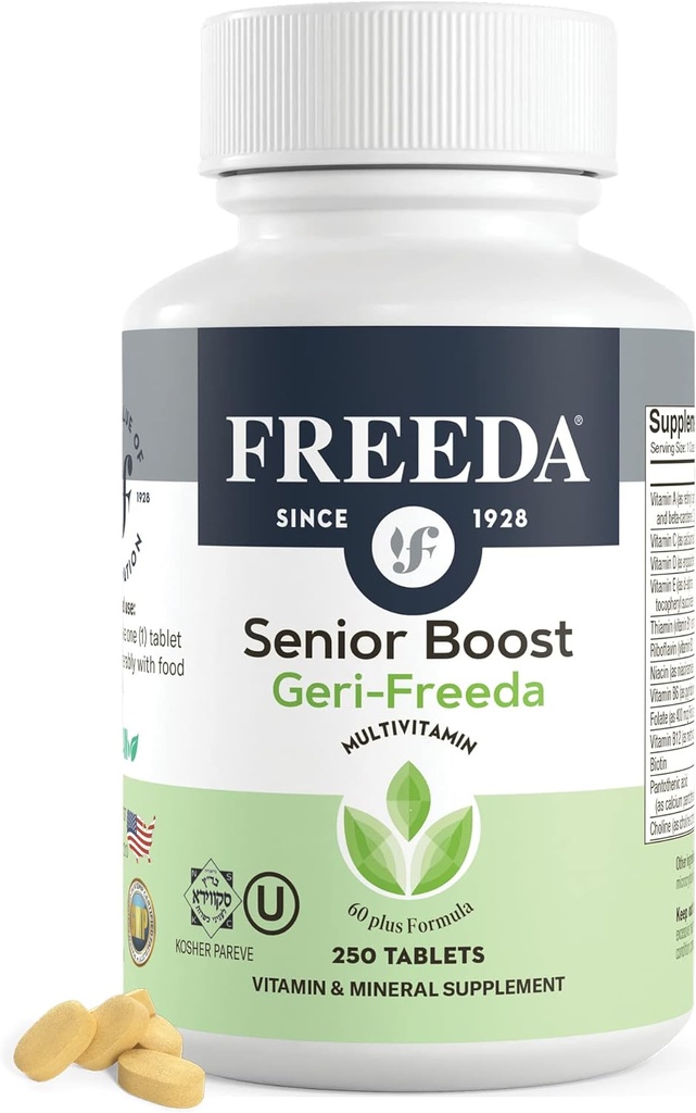 Multivitamines seniors de Freeda - Vitamines kasher pour les hommes et les femmes 60 et plus - Un comprimé enrobé quotidiennement - Femmes et hommes - Vitamines Multivitamines 60 Plus - Vitamines pour les femmes de plus de 60 ans et plus (250 Nombre)