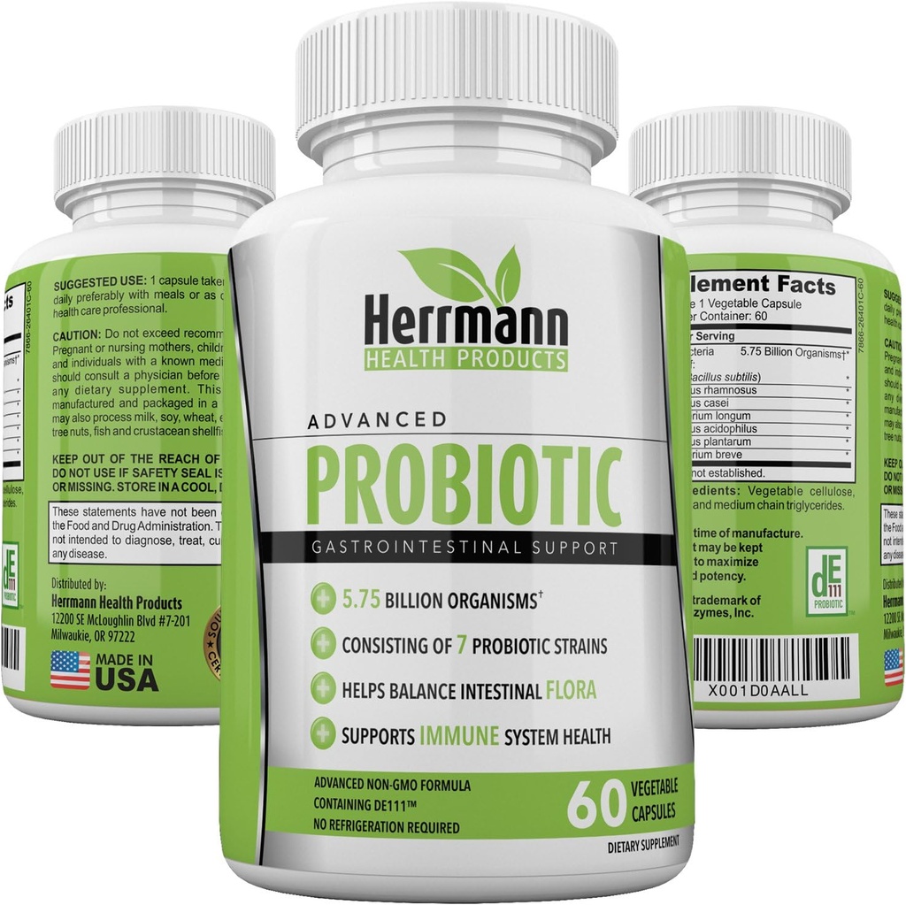 Probiotics by Herrmann Health Products (en anglais seulement) Probiotic for Men and Women (en anglais seulement) High Potency 7 Strain Formula (en anglais seulement) 5.75 milliards d'organismes par capsule (en anglais seulement) Non-OGM Constitué de DE111TM (en anglais seulement) GMP Certified 60 Capsules