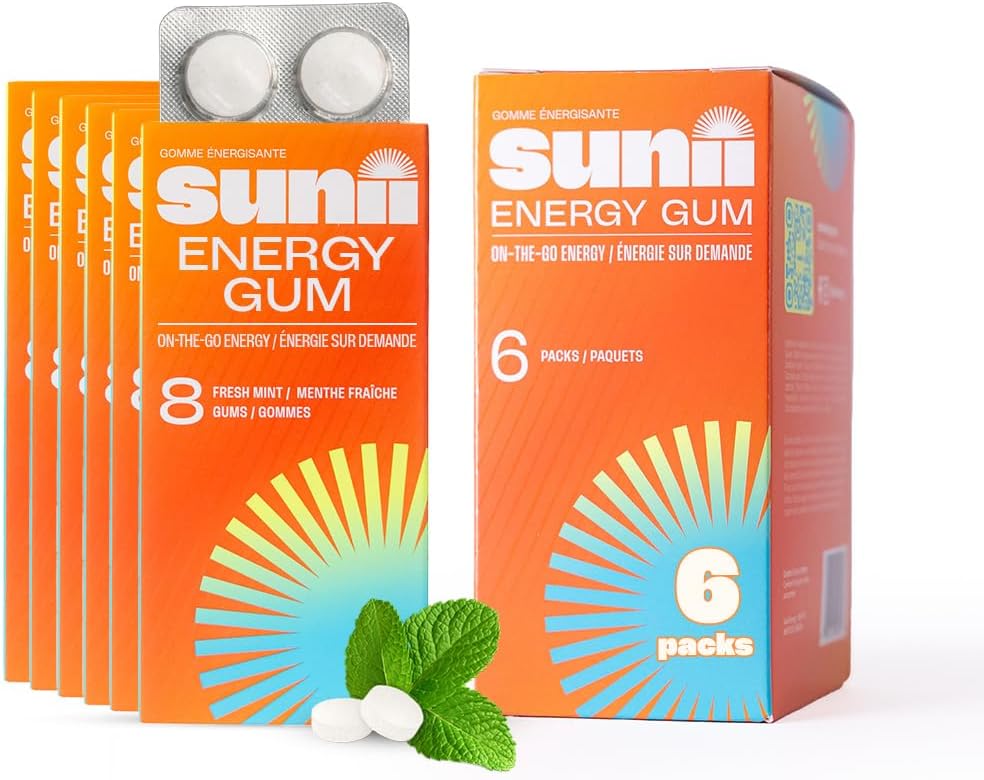 Sunii - Gum énergétique - Nouveau boost rapide Énergie & Focus - 50mg Gum caféine -Vitamines B6 & B12, Taurine, Vegan, Pas de sucre, Zero Calorie, Bouche de menthe fraîche - Plus rapide que les croustilles, boissons, gels et pilules (48pcs)