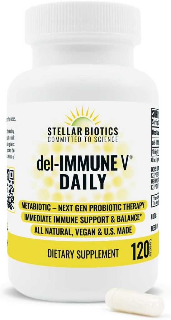 Del-Immune V® Daily by Stellar Biotics, All-Natural Immmune Support & Gut Health, Soins immédiats, Métabiotique: NextGen Probiotic Therapy (120 capsules)