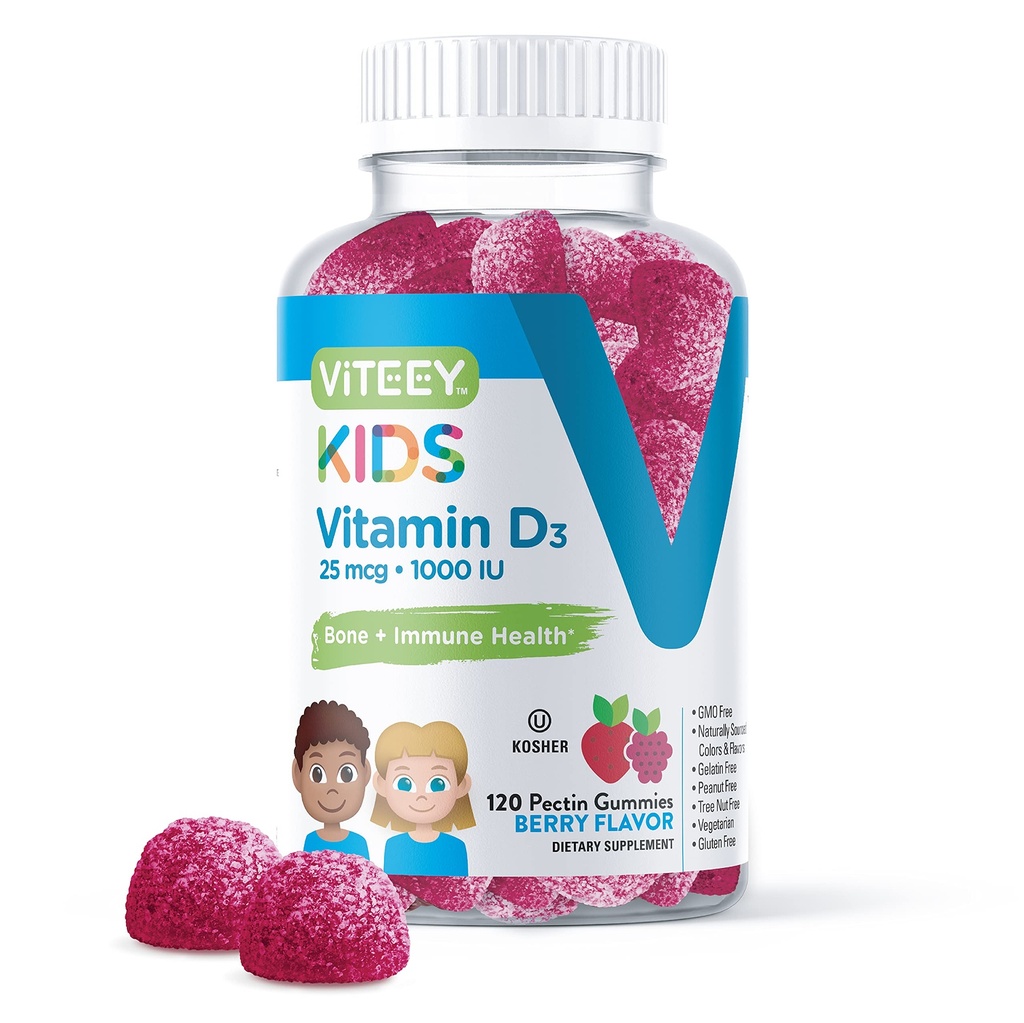 Viteey Vitamine D3 Gummies pour enfants 25mcg 1000 UI - Santé des os, Santé immunitaire, Soutien musculaire articulaire - Végétarien, Sans gélatine, Sans gluten, Sans OGM - Dégustation de baies à croquer