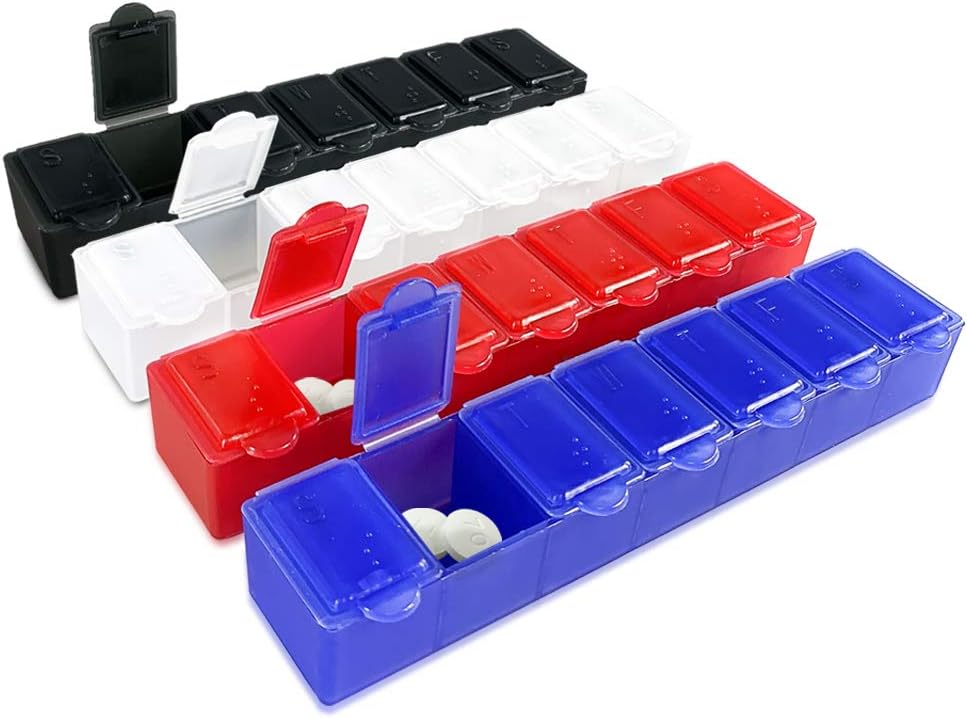 USA Merchant - 7 Day Small Pill Box with Snap Close Lids - Weekly Pill Organizer 4 Times a Day or 28 Day Dispenser - Comes with 4 Separate 7 Day Pill Containers for Vitamins, Supplements, and Medicine
