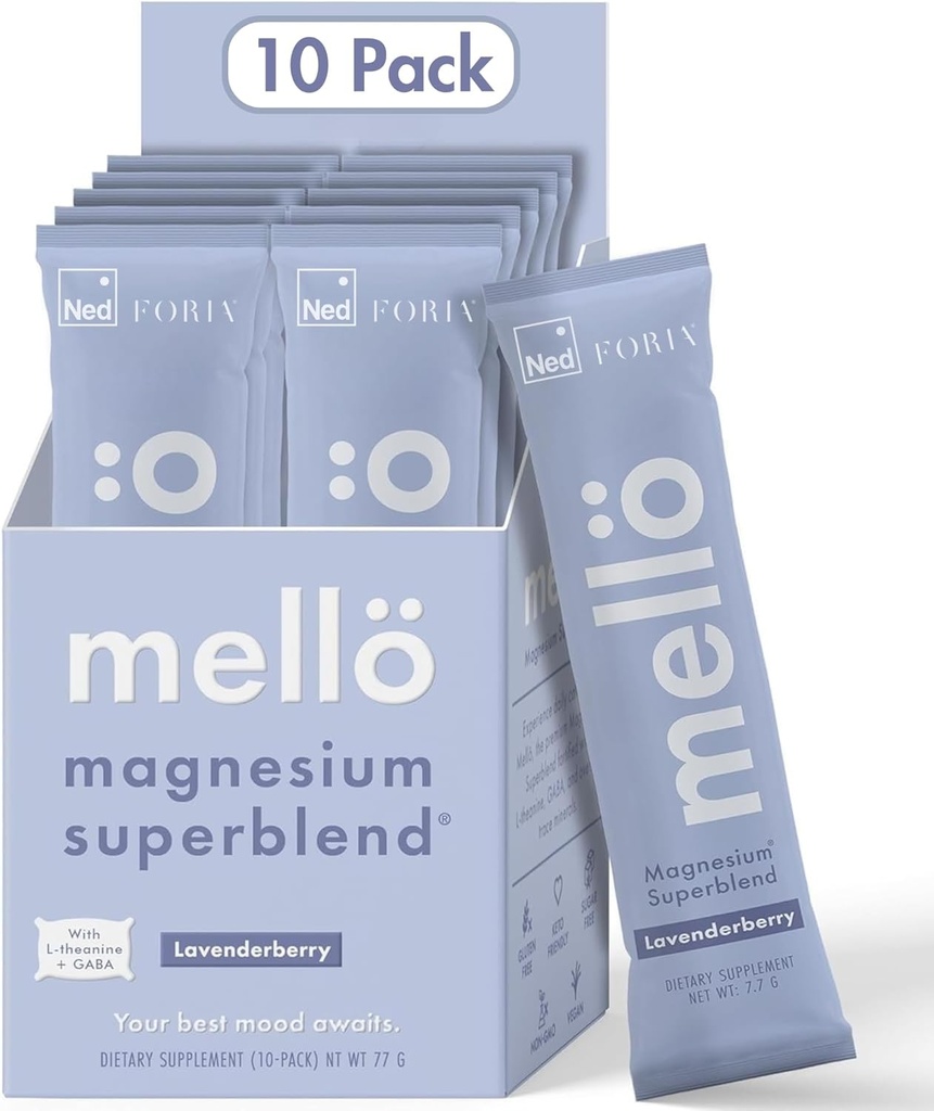mellö Supplément Magnésium Poudre superbe - Magnésium Glycinate avec L-Theanine, GABA, et Trace Minerals - Supporte le sommeil, la relaxation et l'énergie équilibrée - Lavandeberry Flavor, 10-Pack, Célibataires
