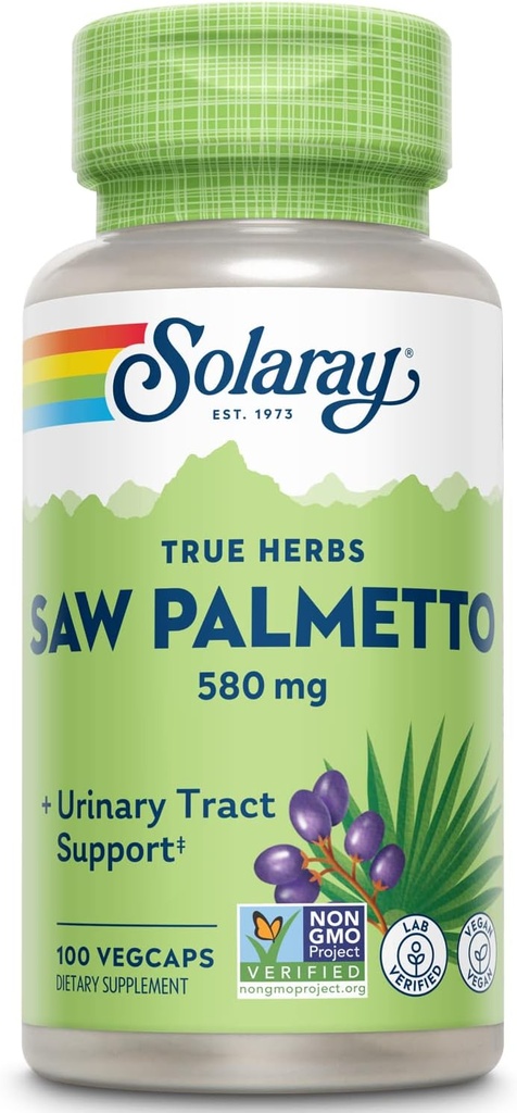 Solaray Saw Palmetto Berry 580 mg, Prostate santé et traitement urinaire de soutien des acides gras et des stérols végétaux pour les hommes et les femmes, non OGM, végétalien et laboratoire vérifié, 100 VegCaps, 100 portions