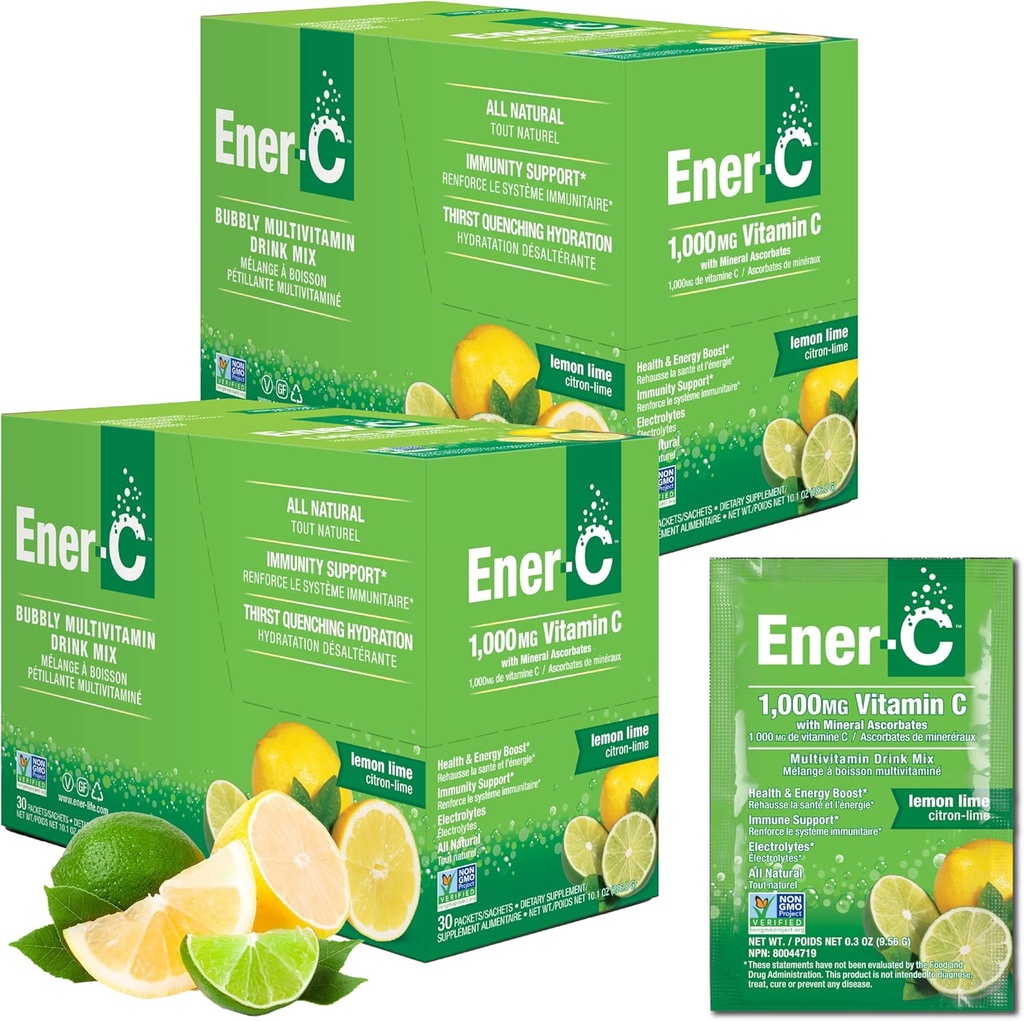 Mélange de boissons multivitamines Ener-C - Packs de vitamines pour l'eau, Packs de poudres d'électrolytes, Mélange de boissons vitaminiques, Mélange liquide d'hydratation, Booster immunitaire pour les adultes, Énergie saine - Citron Lime, 60 Compte