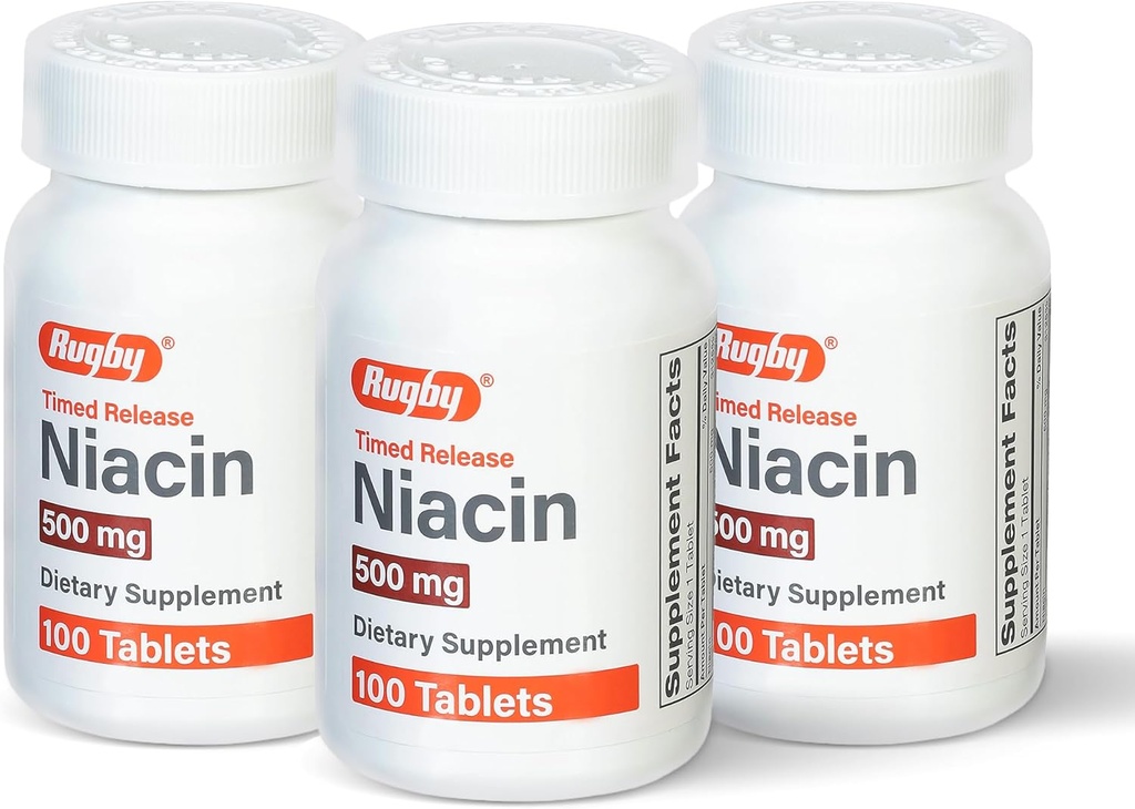 Rugby Timed-Release Niacine 500mg avec 28mg de calcium, supplément alimentaire pour l'énergie, la circulation et le métabolisme support, 100 comprimés (3 pack)