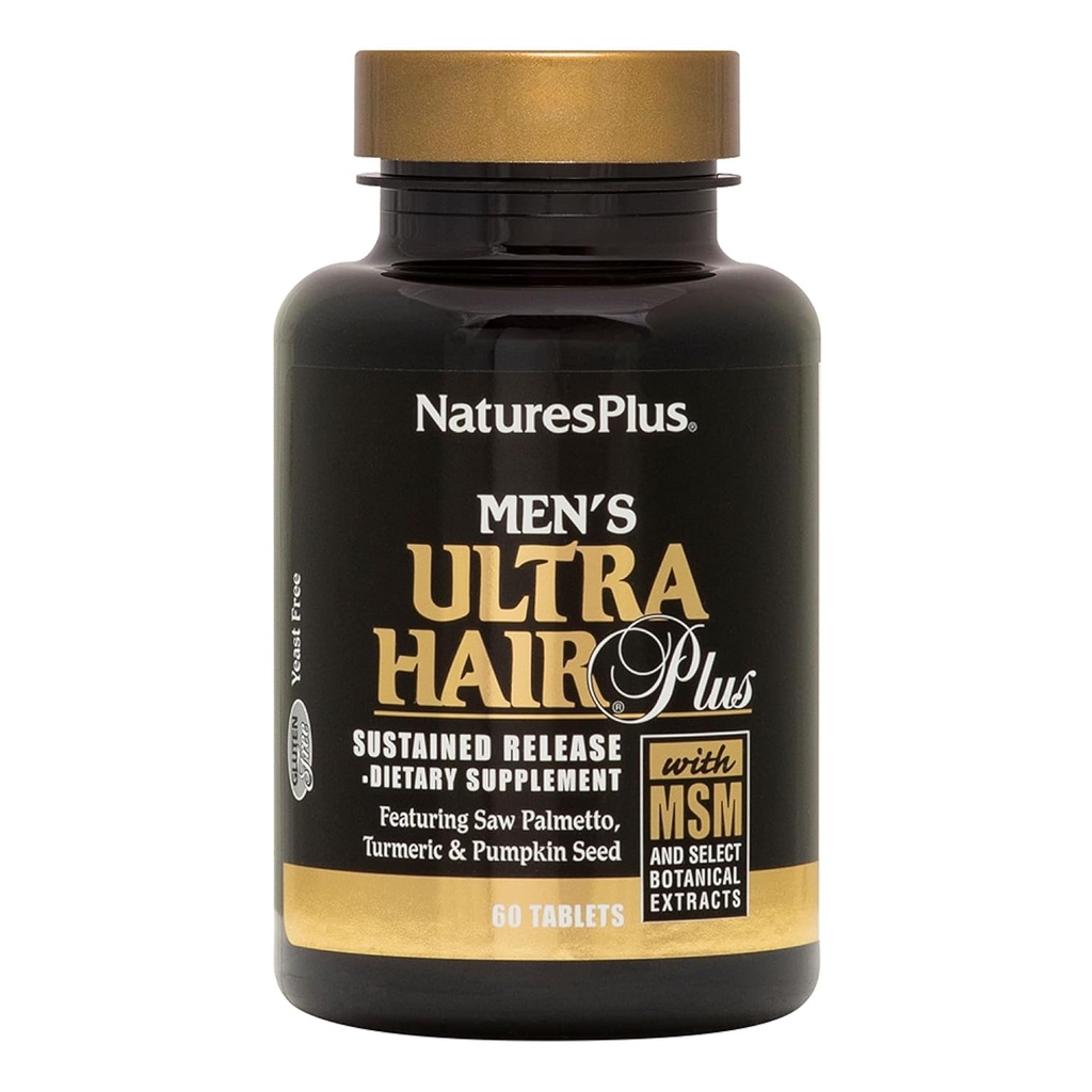 NaturesPlus Hair Ultra Plus pour hommes, libération prolongée - 60 comprimés - Supplément de croissance des cheveux tout naturel pour les hommes - Promotion des cheveux plus complets et plus sains - Sans gluten - 30 portions