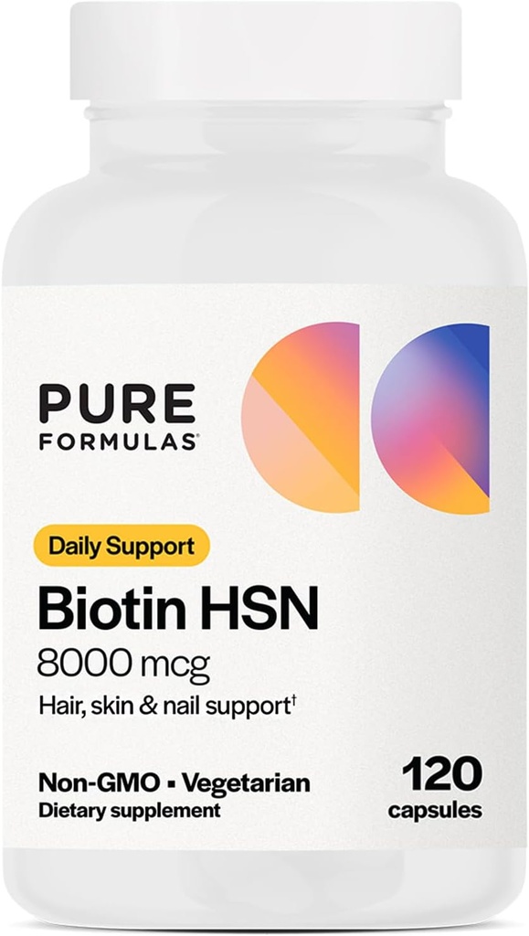 PureFormulas Biotin 8000 mcg Peau Nails Supplément Biotin Biotina, Biotin Vitamines de croissance capillaire B7 Supplément pour les femmes et les hommes 120 Capsules