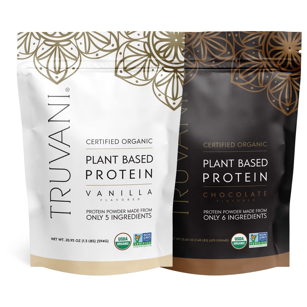 Poudre de protéines à base de plantes Truvani - USDA certifié biologique, végétalien, non OGM, sans produits laitiers, sans soja et sans gluten - 2 paquets de 20 portions chacun (chocolat et vanille)