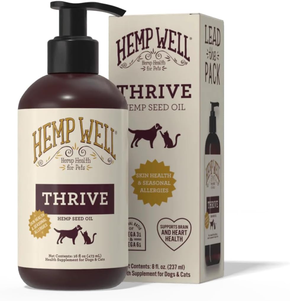 Hemp Well Thrive Oil for Dogs and Cats – soutient la santé de la hanche, des articulations et du coeur, favorise le système immunitaire et favorise la santé de la peau à partir d'allergies saisonnières, d'origine biologique - 16 onces