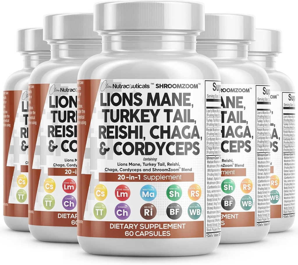 Nettoyer les nutraceutiques Lions Mane 20in1 Champignon Supplément avec la Turquie Tail Reishi Cordyceps Chaga Maitake Meshima Poria Cocos Shiitake Oyster Porcini Enoki (5)
