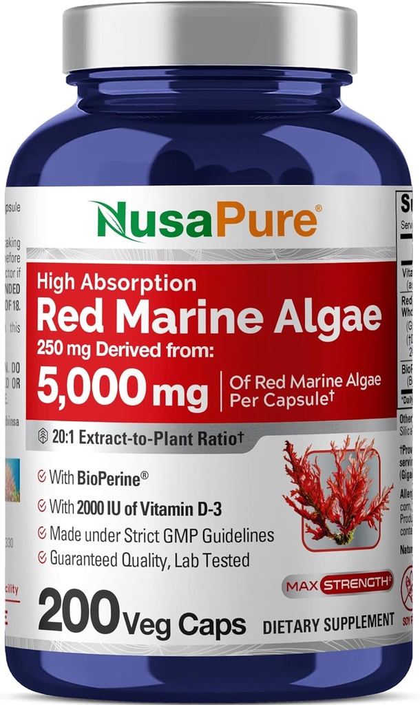 NusaPure Red Marine Algae 20:1 Extrait, 250 mg équivalent à 5 000 mg 200 Capsules de Véggie (sans OGM et sans soja) Biopérine