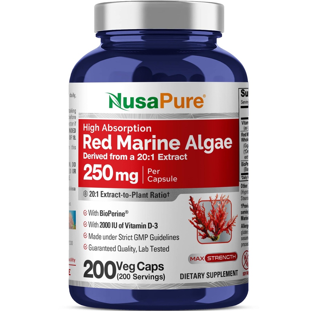 NusaPure Red Marine Algae 20:1 Extrait, 250 mg équivalent à 5 000 mg 200 Capsules de Véggie (sans OGM et sans soja) Biopérine