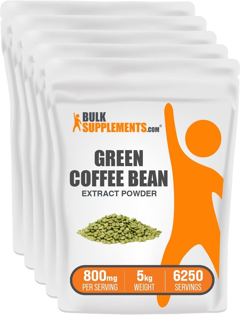 BulkSupplements.com Poudre d'extrait de fèves de café vert - Suppléments de fèves de café vert, poudre de fèves de café vert - Soutien énergétique, sans gluten, 800mg par portion, 5kg (11 lbs) (paquet de 5)